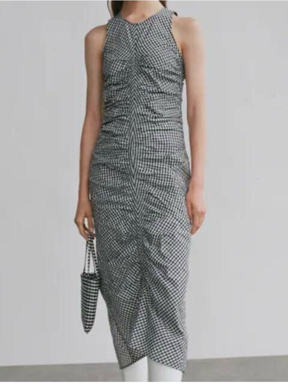 Black and White Gingham Ruched Midi Dress